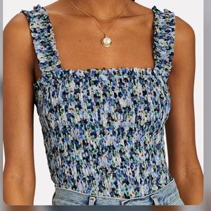 Veronica Beard Floral Smocked Squareneck Tank Top